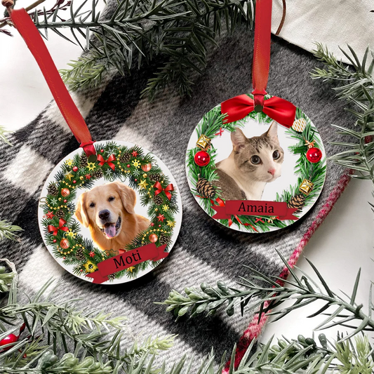 Personalized Pet Ornament, Christmas Pet Memorial, Cat and Dog, Christmas Photo, Cat Portrait, Gift with Name